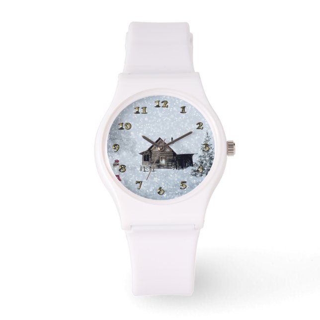 Weihnachtsschnee in der Hütte Armbanduhr (Vorderseite)