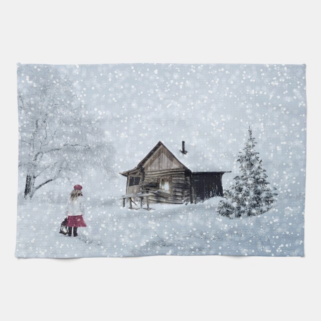 Weihnachtsschnee in der Hütte Geschirrtuch (Horizontal)