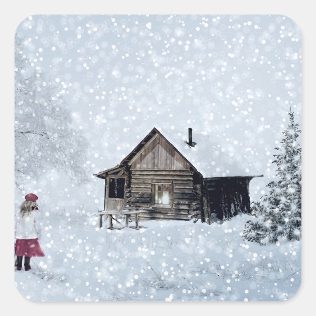 Weihnachtsschnee in der Hütte Quadratischer Aufkleber (Vorderseite)
