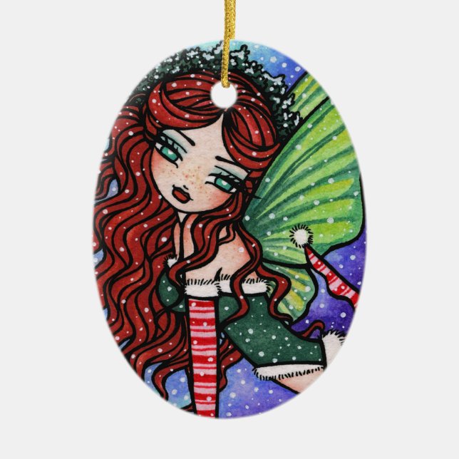 Weihnachtsschnee-irische Feen-feenhafte Kunst Keramikornament (Vorne)