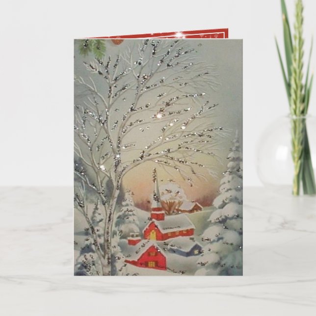 Weihnachtsschnee Silberner Glitzer Rote Kirche Feiertagskarte (Vorderseite)