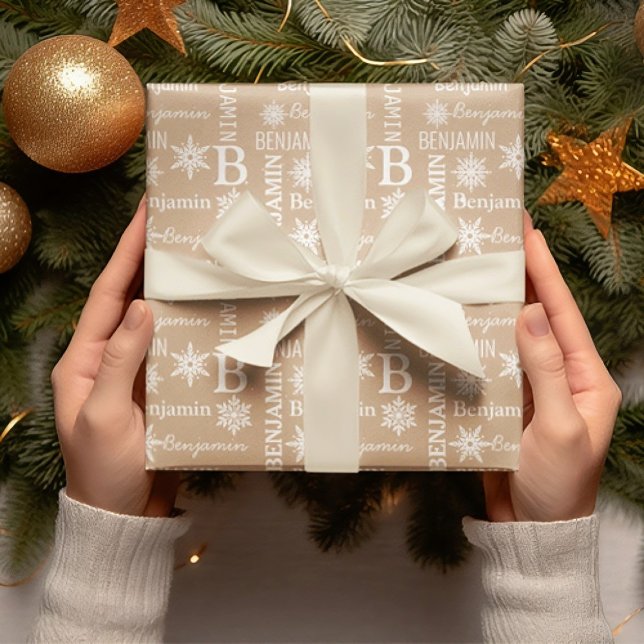 Weihnachtsschnee Wiederholungsname Personalisiert  Geschenkpapier (Christmas Snow Repeating Name Personalized Kraft Wrapping Paper)