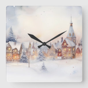 Weihnachtsschnee Winter Wunderland Village Landsch Quadratische Wanduhr