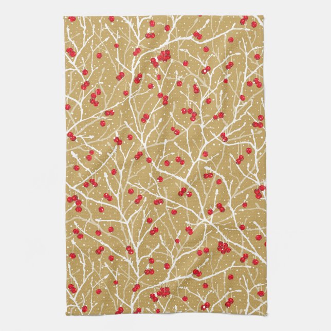 Weihnachtsschneebeeren | Gold/Rot/weiß Geschirrtuch (Vertikal)
