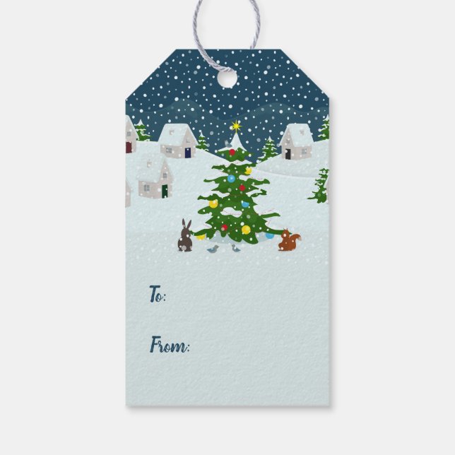 Weihnachtsschneedorf mit Weihnachtsbaum Geschenkanhänger (Rückseite)