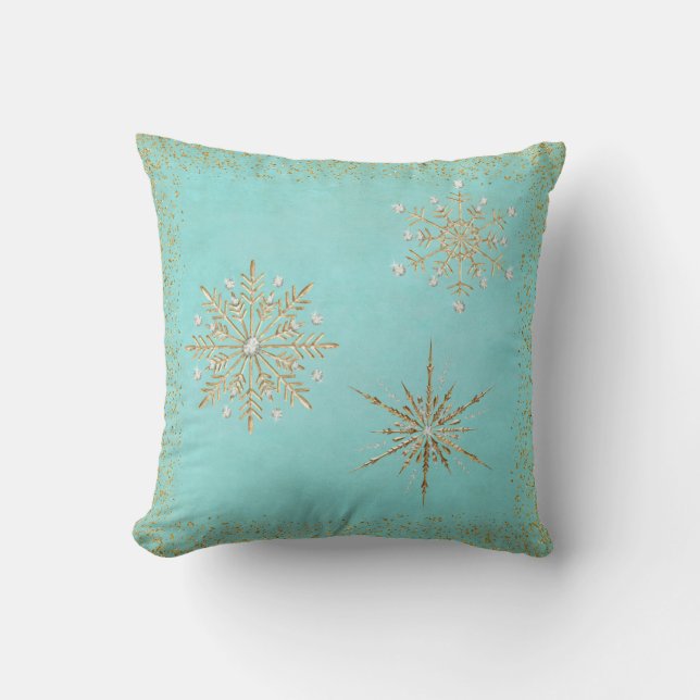 Weihnachtsschneeflocken Aqua & Gold Glitzer Kissen (Vorderseite)