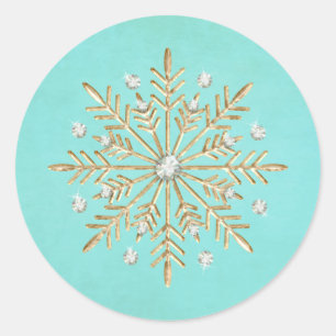 Weihnachtsschneeflocken Aqua & Gold Runder Aufkleber