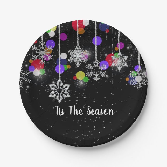 Weihnachtsschneeflocken auf schwarz pappteller (Vorderseite)