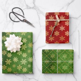 Weihnachtsschneeflocken aus Gold auf Rot und Grün Geschenkpapier Set