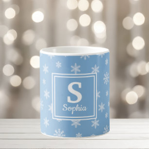 Weihnachtsschneeflocken Blau-Monogramm Kaffeetasse