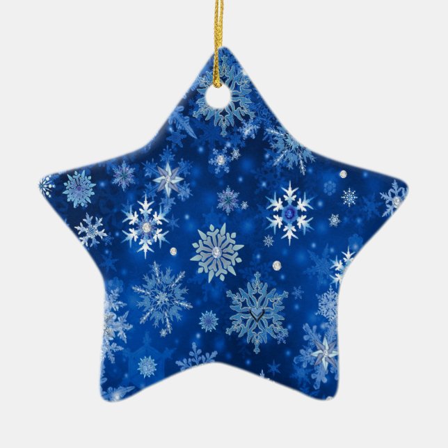 Weihnachtsschneeflocken Blau und Silber Keramikornament (Vorne)