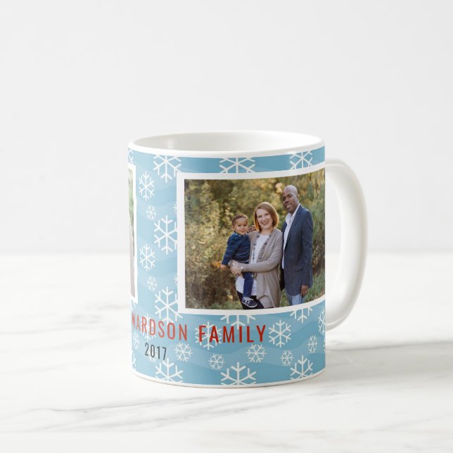 Weihnachtsschneeflocken blauer Foto Kaffeetasse (VorderseiteRechts)