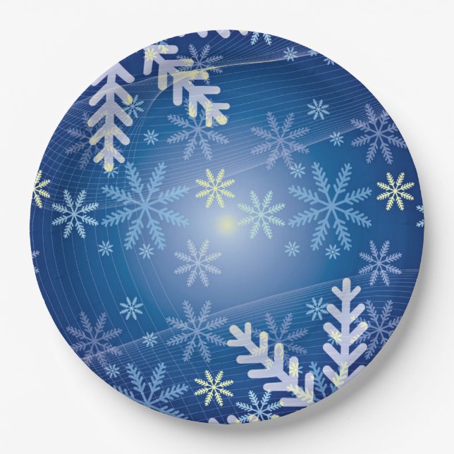 Weihnachtsschneeflocken - Blaues Hintergrundpapier Pappteller (Vorderseite)
