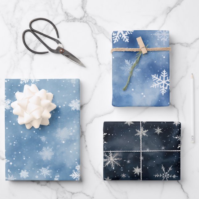 Weihnachtsschneeflocken Blue Sky Geschenkpapier Set (Vorderseite)