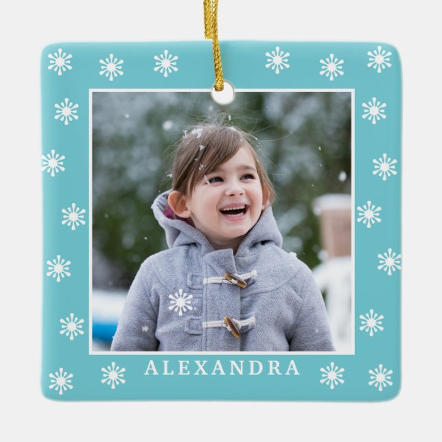 Weihnachtsschneeflocken Foto Name Blau Keramikornament (Vorderseite)