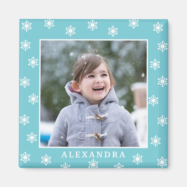 Weihnachtsschneeflocken Foto Name Blau Magnet (Vorne)