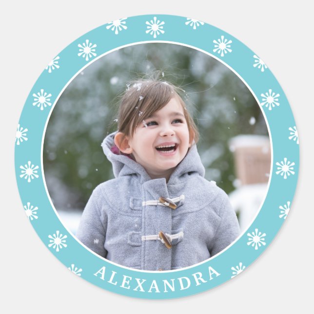 Weihnachtsschneeflocken Foto Name Blau Runder Aufkleber (Vorderseite)