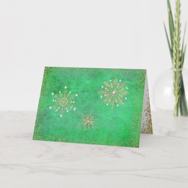 Weihnachtsschneeflocken Grün & Gold Feiertagskarte (Vorderseite)