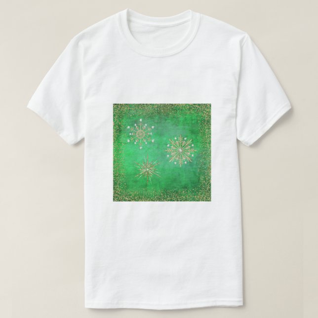 Weihnachtsschneeflocken Grün & Gold Glitzer T-Shirt (Design vorne)