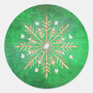 Weihnachtsschneeflocken Grün & Gold Runder Aufkleber
