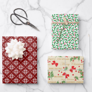 Weihnachtsschneeflocken, Holly Berries und Bows Geschenkpapier Set