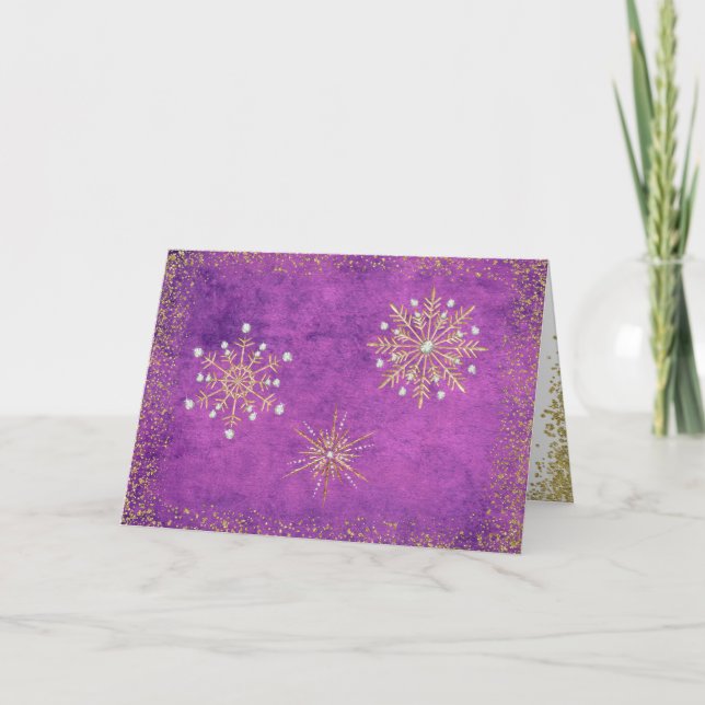 Weihnachtsschneeflocken Lila & Gold Feiertagskarte (Vorderseite)