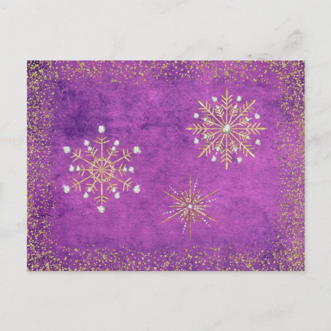 Weihnachtsschneeflocken Lila & Gold Feiertagspostkarte (Vorderseite)