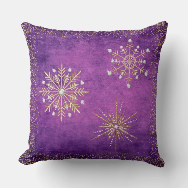 Weihnachtsschneeflocken Lila & Gold Glitzer Kissen (Vorderseite)