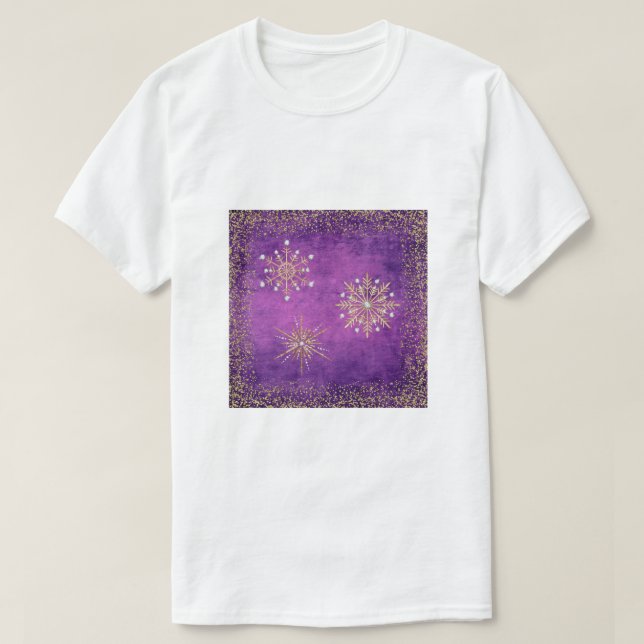 Weihnachtsschneeflocken Lila & Gold Glitzer T-Shirt (Design vorne)
