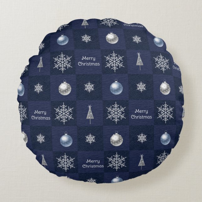 Weihnachtsschneeflocken, Ornamente und Bäume Rundes Kissen (Vorderseite)