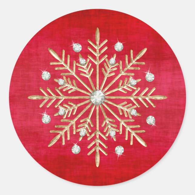 Weihnachtsschneeflocken Rot & Gold Runder Aufkleber (Vorderseite)