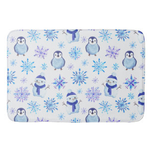 Weihnachtsschneeflocken, Schneemänner und Pinguine Badematte
