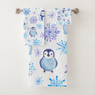Weihnachtsschneeflocken, Schneemänner und Pinguine Badhandtuch Set