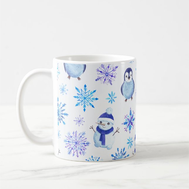 Weihnachtsschneeflocken, Schneemänner und Pinguine Kaffeetasse (Links)