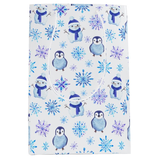 Weihnachtsschneeflocken, Schneemänner und Pinguine Mittlere Geschenktüte (Vorderseite)