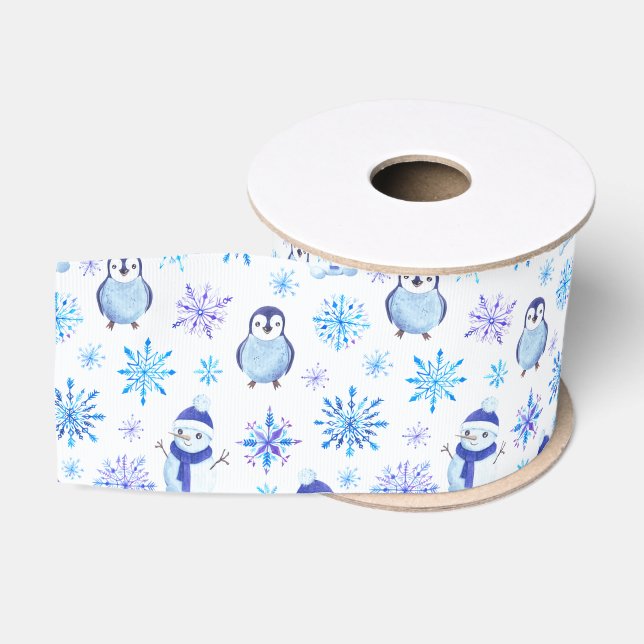 Weihnachtsschneeflocken, Schneemänner und Pinguine Ripsband (Spule)