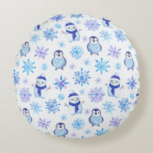 Weihnachtsschneeflocken, Schneemänner und Pinguine Rundes Kissen