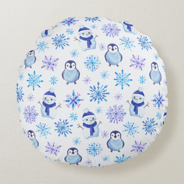 Weihnachtsschneeflocken, Schneemänner und Pinguine Rundes Kissen (Vorderseite)