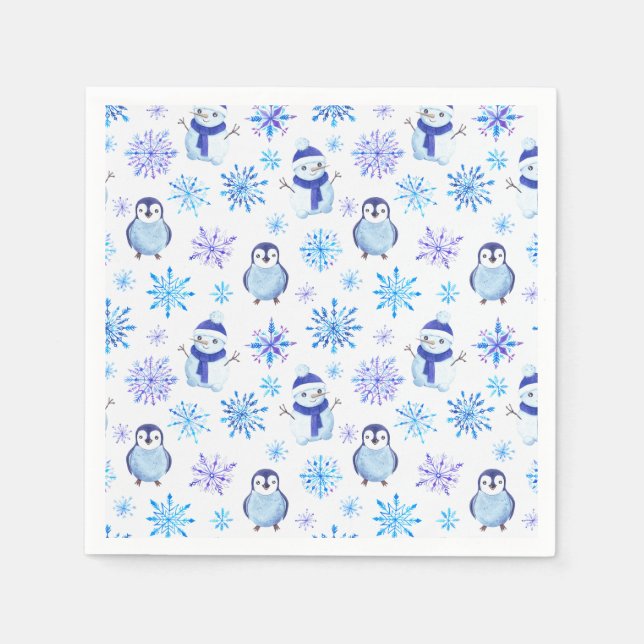 Weihnachtsschneeflocken, Schneemänner und Pinguine Serviette (Vorderseite)