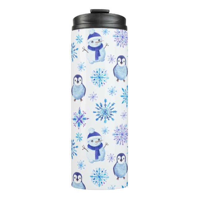 Weihnachtsschneeflocken, Schneemänner und Pinguine Thermosbecher (Vorderseite)