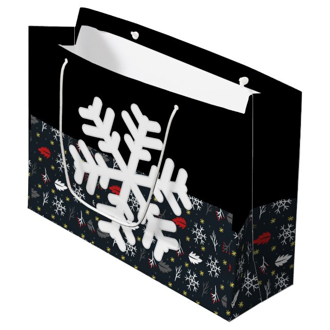 Weihnachtsschneeflocken und Blätter mit Schwarzgew Große Geschenktüte (Vorderseite Schrägansicht)