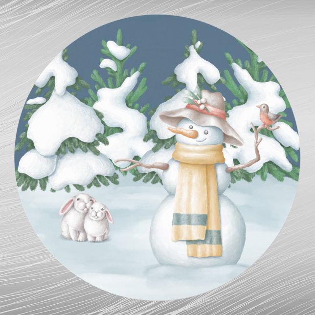 Weihnachtsschneefrau Rabbits Bäume Schnee Wasserfa Runder Aufkleber (Von Creator hochgeladen)