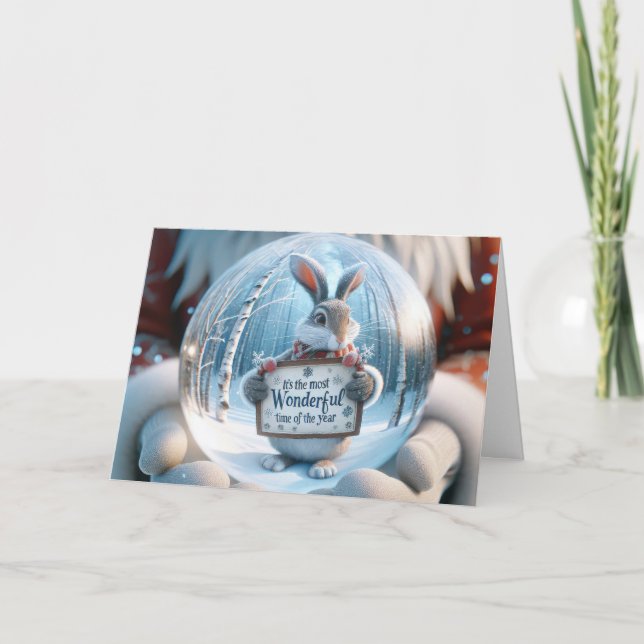 Weihnachtsschneeglobe mit Kaninchen Feiertagskarte (Vorderseite)