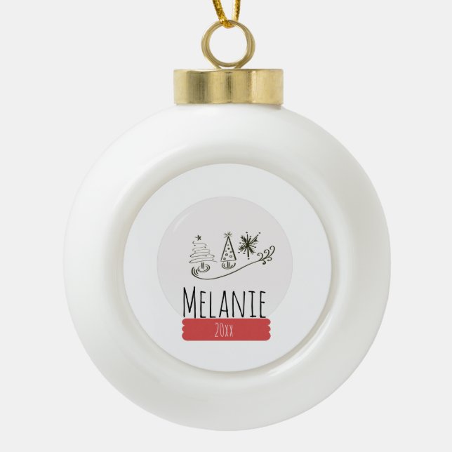 Weihnachtsschneeglobe und Baumdoodle Keramik Kugel-Ornament (Vorderseite)