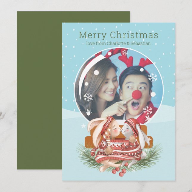 Weihnachtsschneeglobe und Rabbit Couple Fotokarte Einladung (Vorne/Hinten)