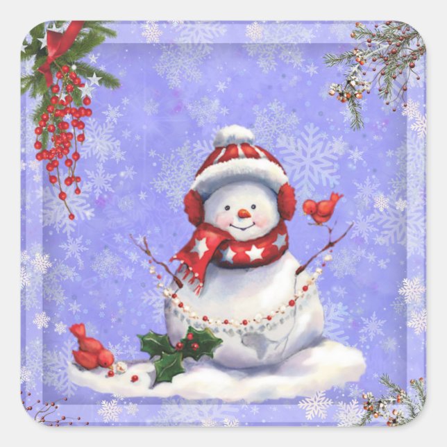 Weihnachtsschneemann auf Blau mit Schneeflocken Quadratischer Aufkleber (Vorderseite)