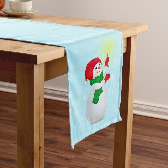 Weihnachtsschneemann auf Light Blue Mittelgroßer Tischläufer (Beispiel)