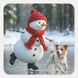 Weihnachtsschneemann Eislaufen mit Hund Quadratischer Aufkleber