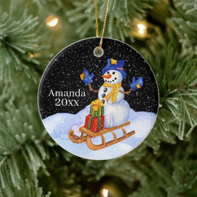 Weihnachtsschneemann fügen Namenstext hinzu Keramik Ornament (Baum)