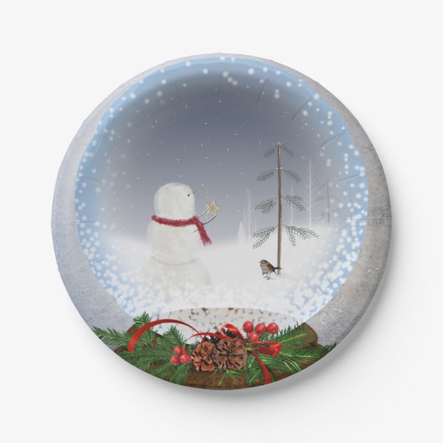 Weihnachtsschneemann in der Schneekugel Pappteller (Vorderseite)